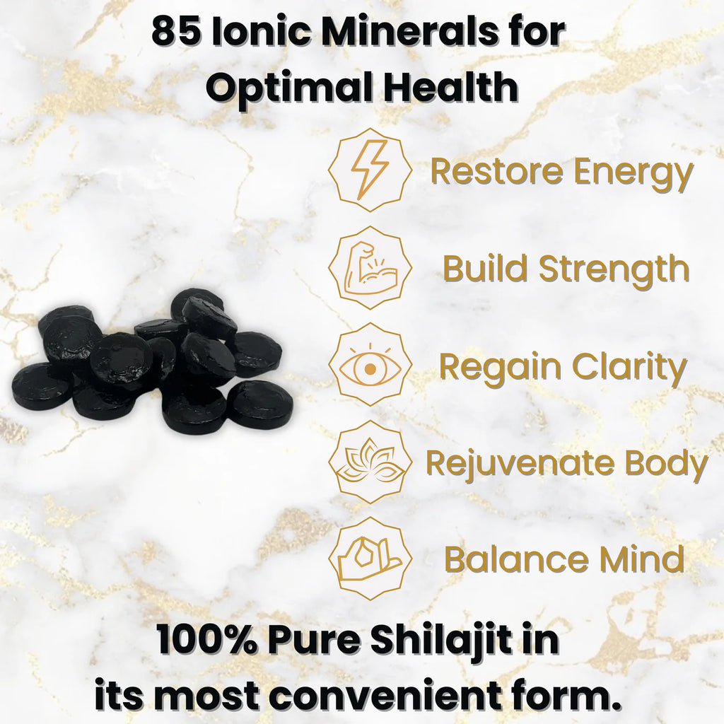 Shilajit Tablets – Raw Shilajit in the most convenient form to take. Just pop one out and swallow with water. No need to taste it and no need for a mess! These are 100% Shilajit compressed into tablet form, no fillers or binders!