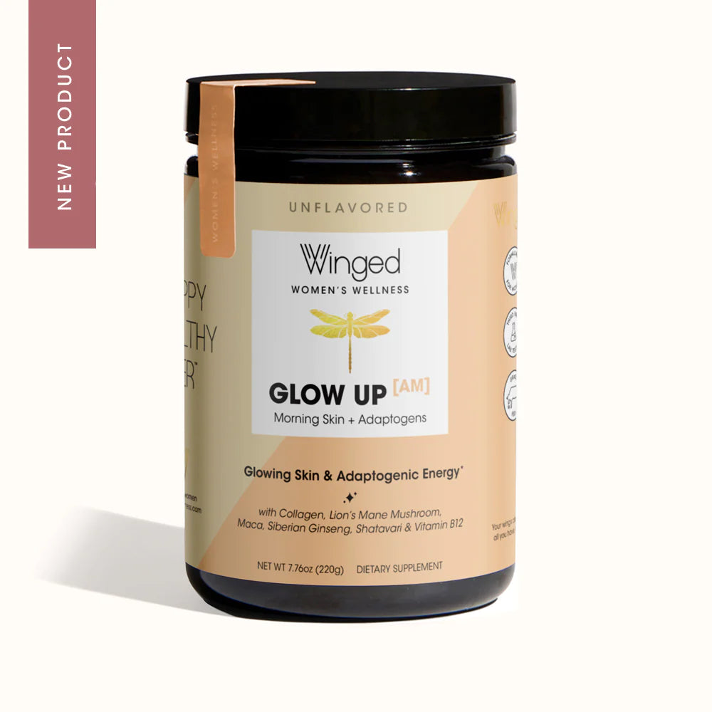 Glow Up AM includes energy and focus supporting adaptogens alongside skin-boosting collagen, while the original Glow Up formula is formulated mainly for skin and stress benefits. Both are unflavored and easily added to your favorite beverages and morning eats!