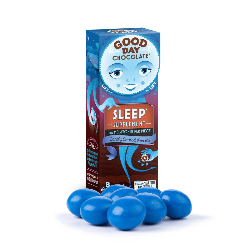 Each delicious, candy-coated milk chocolate piece contains 1mg of melatonin and soothing chamomile to support a restful night's sleep. Nighty-night!