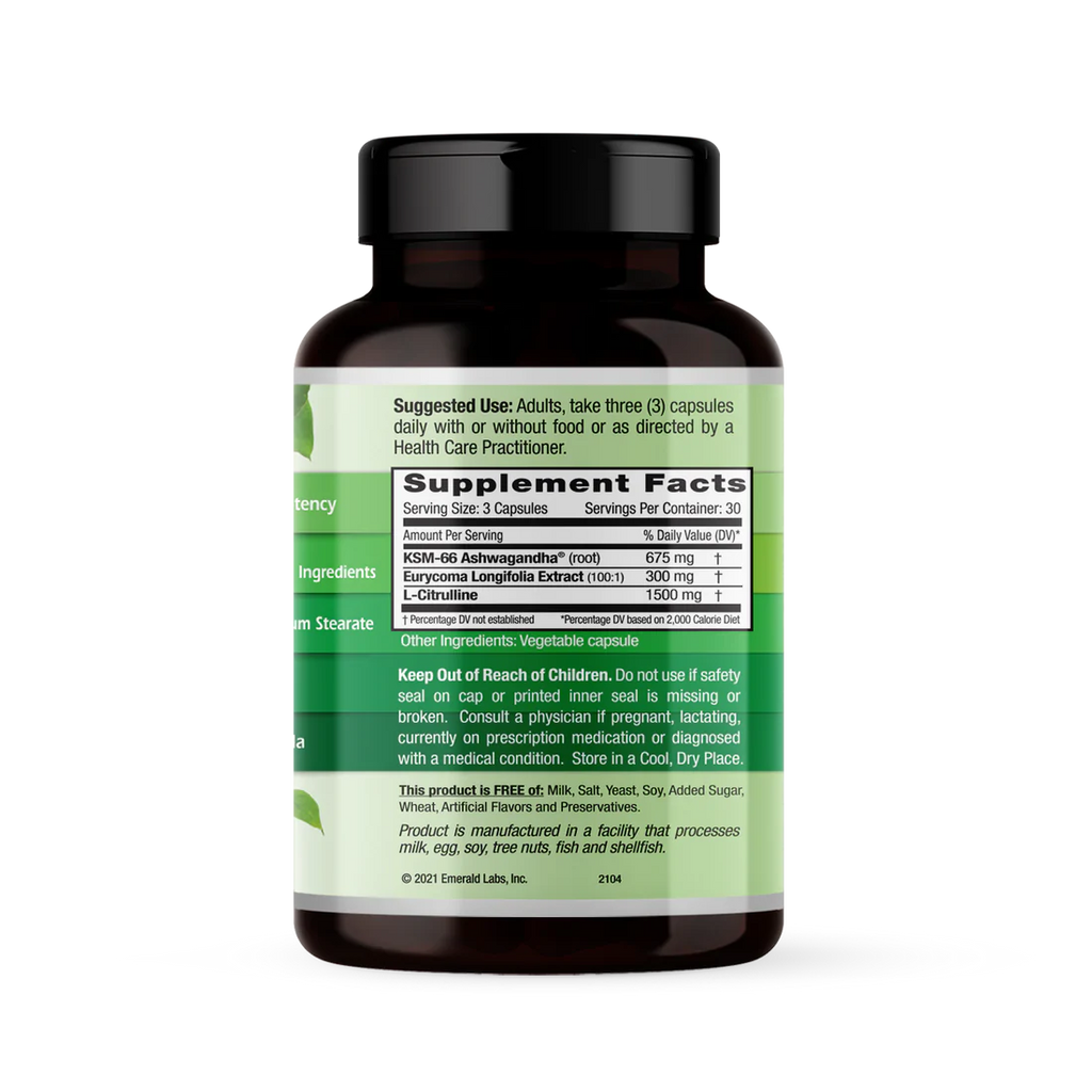 A targeted blend of scientifically validated herbal extracts and an amino acid. This powerful combination helps support the body’s own production of testosterone and overall circulatory health. Nitric oxide and circulation support. Natural male libido and sexual health support. KSM-66, E. Longifolia and L-Citrulline.
