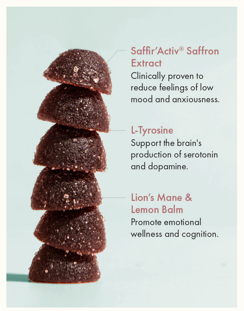Happy Her contains clinically studied Saffr’Activ® Saffron Extract, which has been proven to reduce feelings of anxiousness and low mood at this 30mg dose by supporting an increase in serotonin levels. Additionally, Saffr’Activ® Saffron Extract elevates dopamine levels in the brain. Dopamine production is further supported by the inclusion of the amino acid L-Tyrosine.