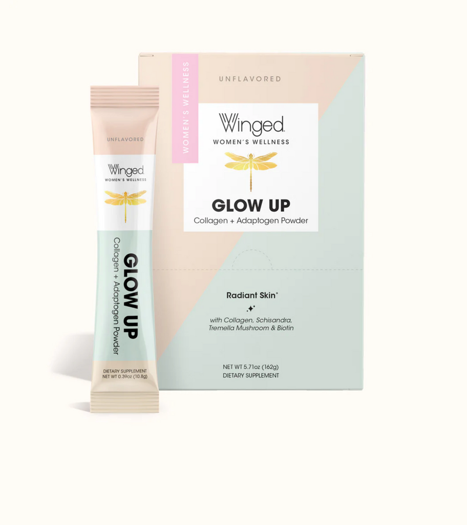 Glow Up promotes radiant, glowing skin, lustrous hair, and strong nails while also protecting against the damaging effects of the stress hormone cortisol, which leads to collagen breakdown. Glow up comes in an unflavored powder that mixes easily in any beverage, hot or cold.