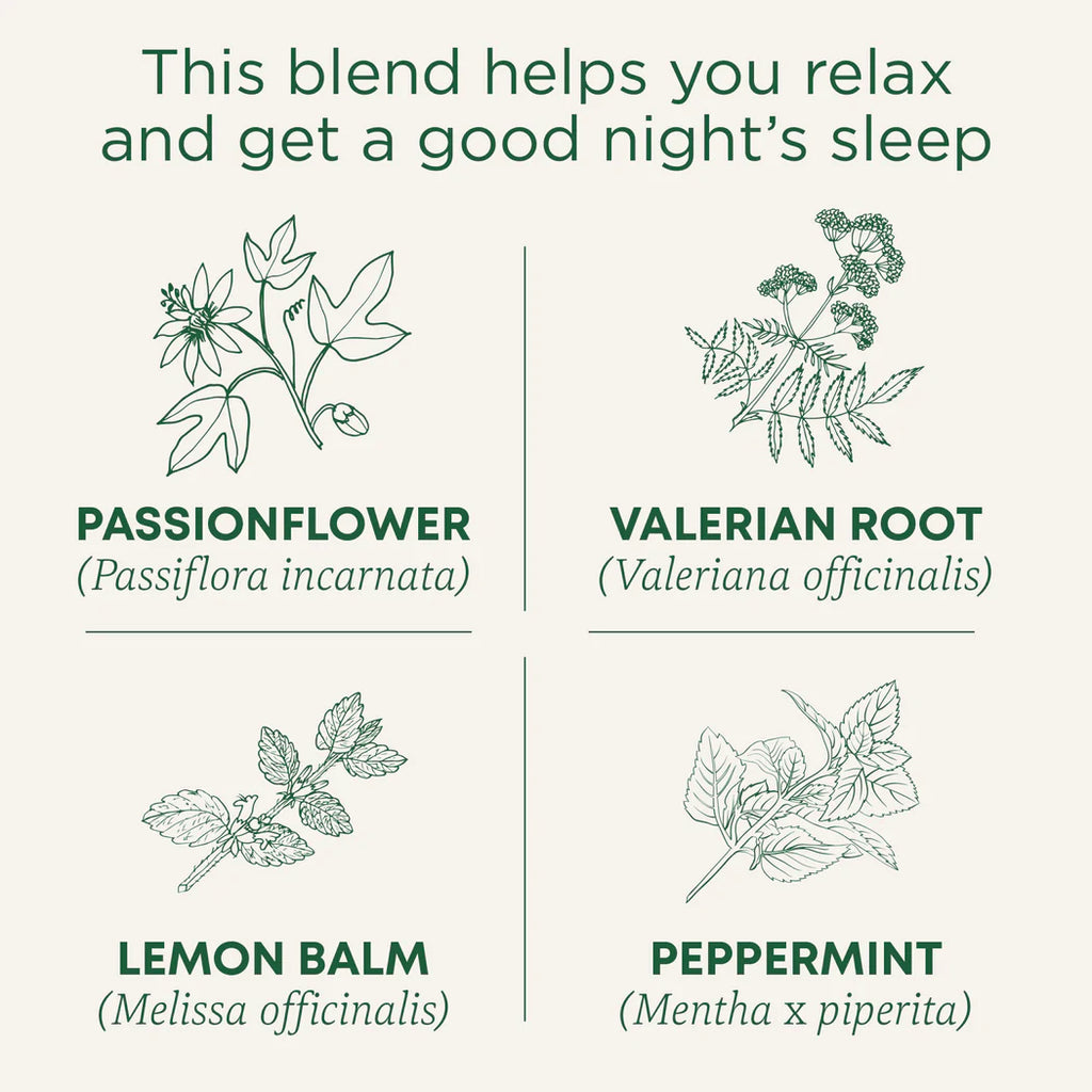 Our valerian tea for sleep infuses our original Nighty Night tea with the extra power of valerian. Celebrated by the ancient Greeks for its role in sleep promotion, valerian is a gentle, time-tested herbal sedative.
