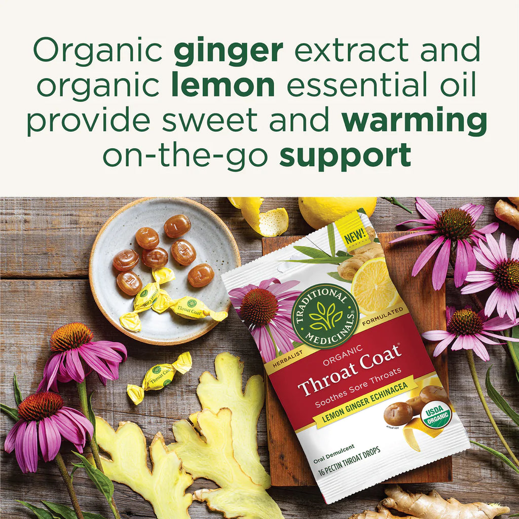 All the support of Throat Coat tea is now available in a convenient throat drop. This unique formula blends the throat soothing power of pectin with organic ginger extract and organic lemon essential oil, providing sweet and warming on-the-go support. This throat drop provides sore throat support when you need it most.