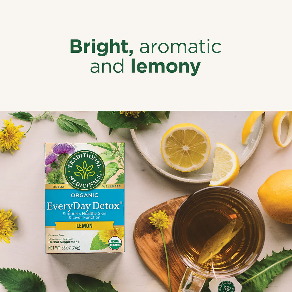 Our herbalists combine burdock to support the skin, dandelion to support the liver, nettles to support the kidneys, and cleavers to support the kidneys and the lymph. This light and bright lemon detox tea tastes as good as it feels.*To create our EveryDay Detox tea, we use a traditional European herbal formula that helps beautify the skin, break down fats, and promote flushing of the kidneys.