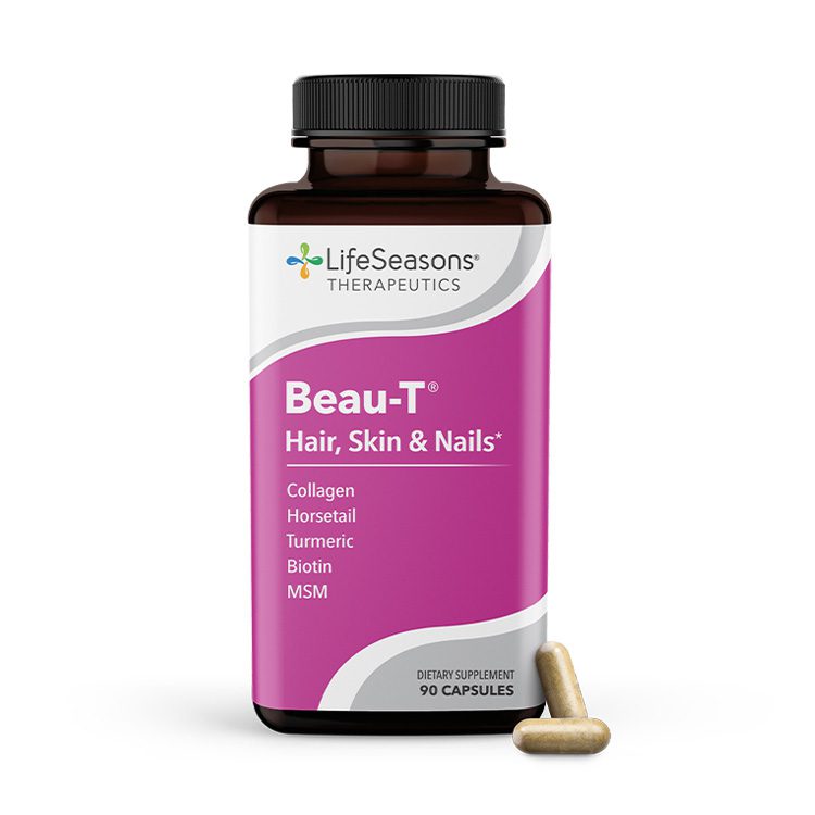 Beau-T™ supports healthy tissues throughout the body and nourishes hair, skin, and nails. It supports the health of all three, and it specifically helps with the growth of hair and nails.