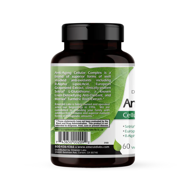 Anti-Aging Cellular Complex is a blend of well studied anti-oxidants including R-Alpha LipoicAcid, European Grapeseed Extract, clinically-proven Setria® L-Glutathione, a known Liver-Detoxifying Anti-Oxidant, and Meriva® Turmeric Root Extract.*