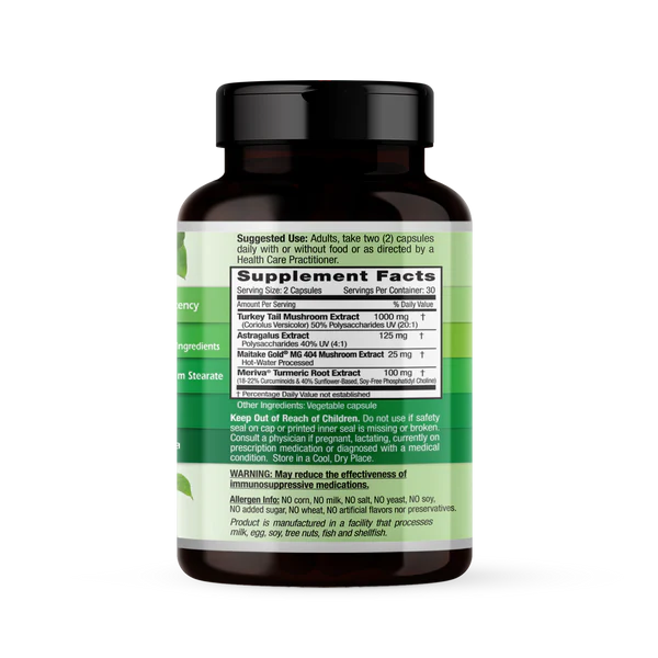 Clinical researched forms of Coriolus Versicolor, Maitake Gold® MG 404 Mushroom Extracts plus Astragalus Extract & Meriva® Turmeric Root Extract, which is 29 times more bioavailable than standard turmeric, which may help to support the Immune Response*