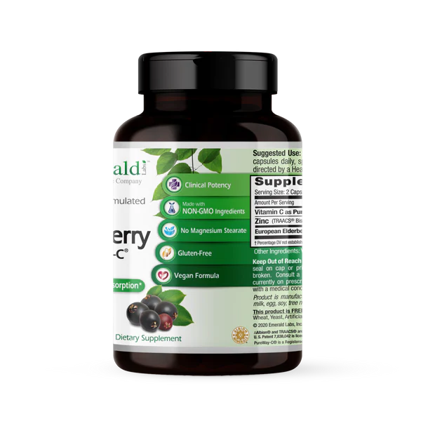 Therapeutic amounts of European Elderberry (10:1), 100% Pure, “Gold Standard” Zinc as Bisglycinate Chelate, and Non-GMO Project Verified PureWay-C (12-Hour Retention)*