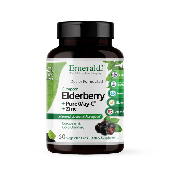 Therapeutic amounts of European Elderberry (10:1), 100% Pure, “Gold Standard” Zinc as Bisglycinate Chelate, and Non-GMO Project Verified PureWay-C (12-Hour Retention)*