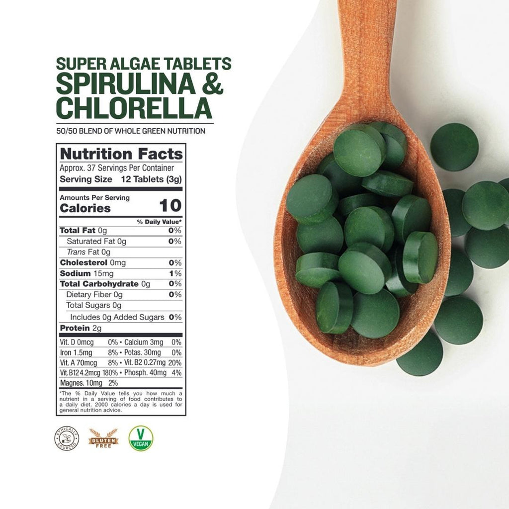 Spirulina & Chlorella Tablets are a 50/50 blend of two potent superfoods. Spirulina and chlorella complement each other perfectly, with an assortment of vitamins and minerals. This powerful green superfood combination aids the body in maintaining optimal health, and daily consumption is recommended for strengthening and elevating your body’s nutritional profile.