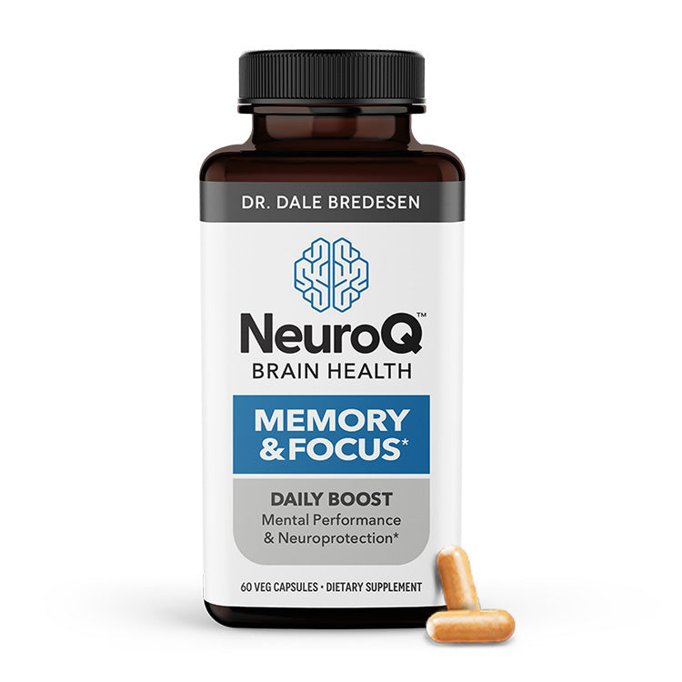 Based on decades of research, neurologist Dr. Dale Bredesen identified the key ingredients for enhancing memory and focus. NeuroQ Memory and Focus ingredients work together synergistically to protect long-term brain health, increase blood flow, clear toxins, and support healthy brain cells.*