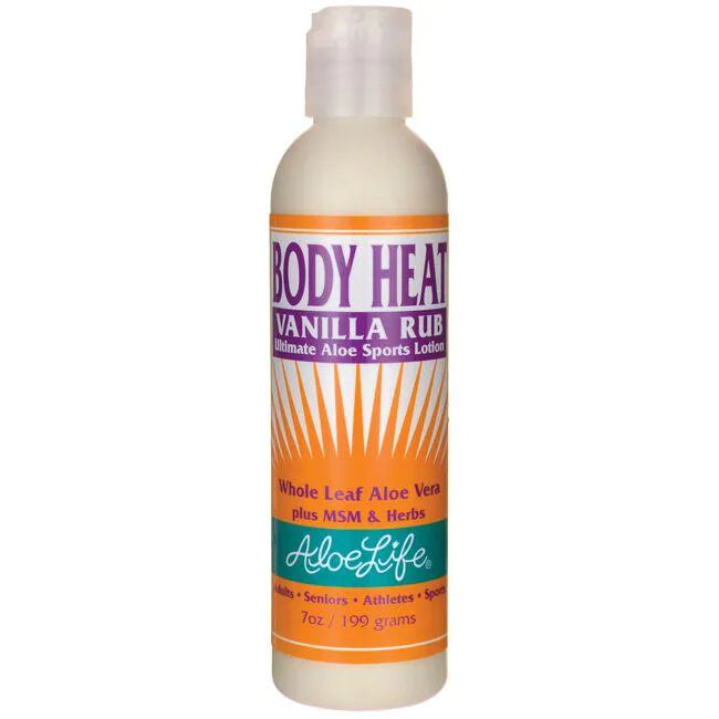 Aloe Life Body Heat Vanilla Rub is formulated for adults, seniors, athletes, and sports players. Whole Leaf Aloe juice, MSM, blended with Arnica, White Nettle, Horse Chestnut Herbal Extracts with warming agents of Menthol support; penetrating, lubricating and warming action to soothe tired and sore muscles. 