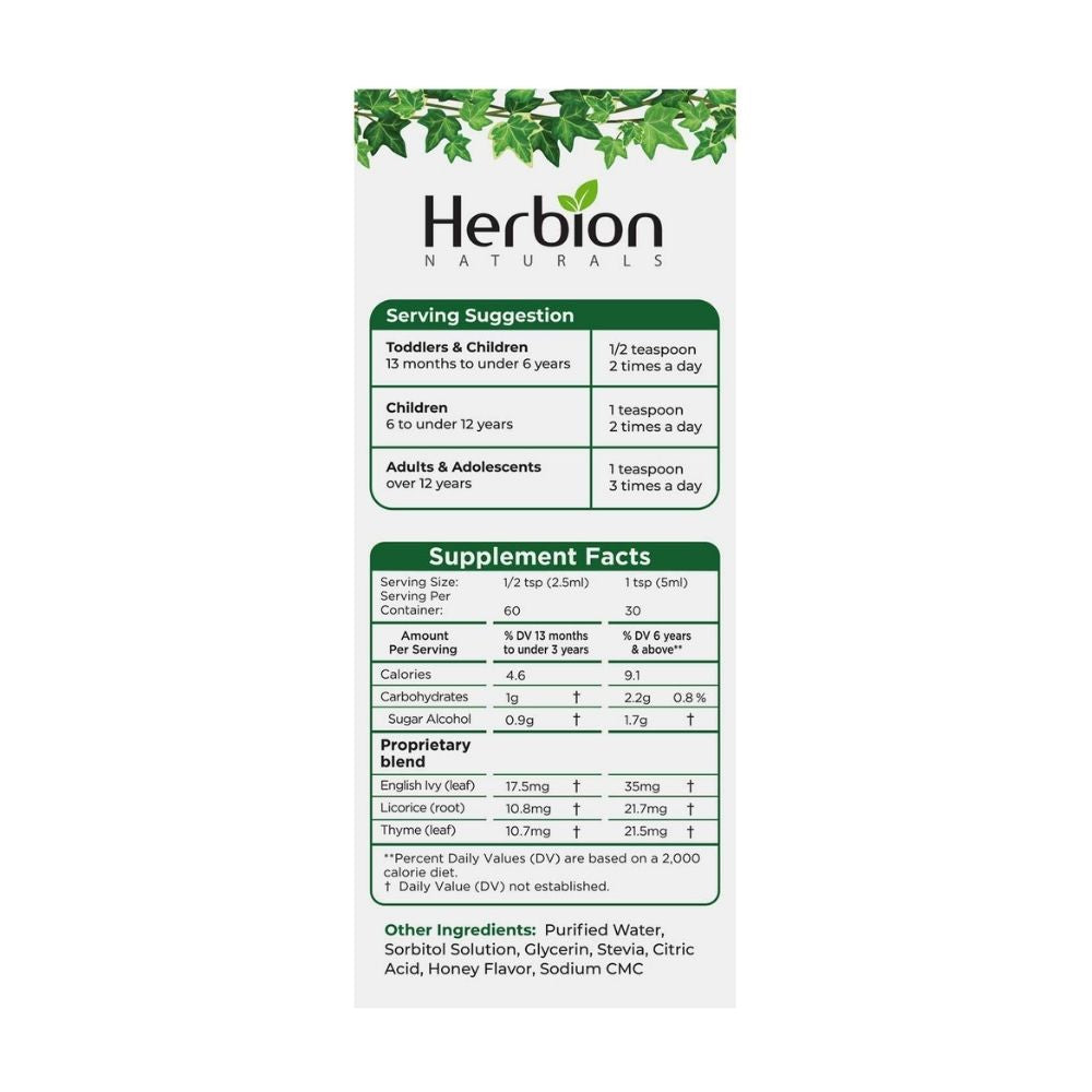 Herbion sugar-free Ivy Leaf Syrup with Thyme and Licorice is an herbal dietary supplement for you and your family that contains natural sweetener Stevia. English Ivy leaf contains saponins which are thought to soothe respiratory discomfort.