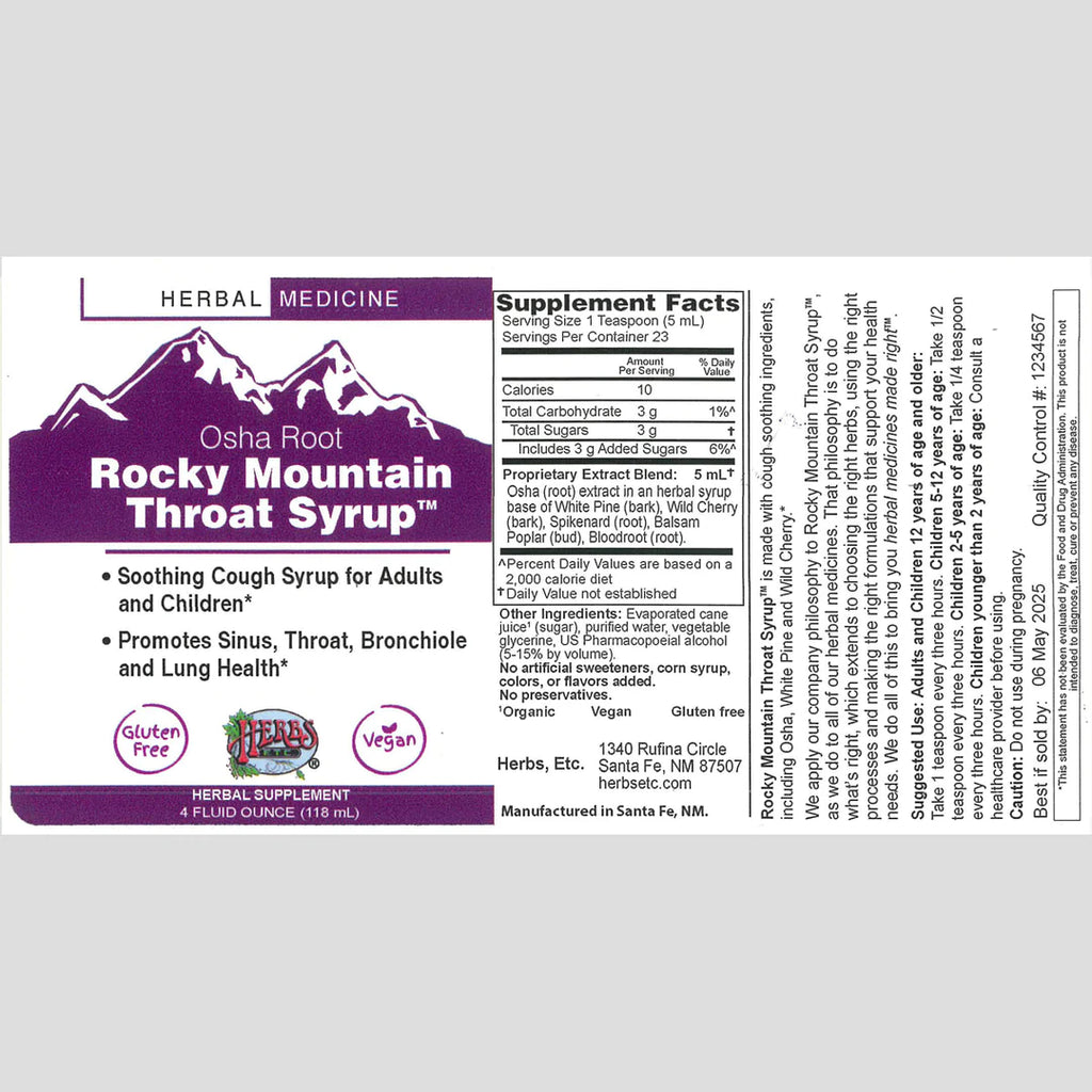 Rocky Mountain Throat Syrup is a powerful cough syrup that soothes and comforts throat tissues.* This formula promotes sinus, throat, bronchiole and lung health.* 