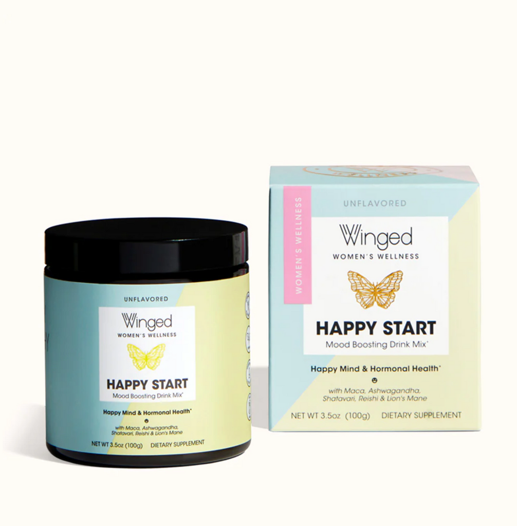 Happy Start is a mood-boosting adaptogenic morning powder that can be added to coffee, smoothies, or your favorite morning beverage so you can start off the day on the right foot.