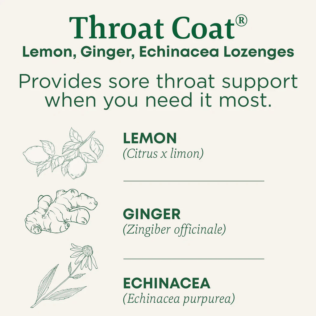 All the support of Throat Coat tea is now available in a convenient throat drop. This unique formula blends the throat soothing power of pectin with organic ginger extract and organic lemon essential oil, providing sweet and warming on-the-go support. This throat drop provides sore throat support when you need it most.