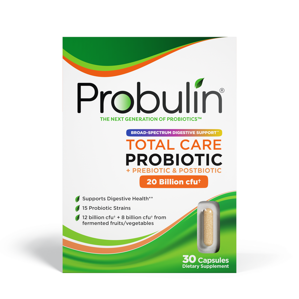 Does your digestive system feel out of balance sometimes? Total Care Probiotic is your one-stop-shop for a probiotic that supports total gut health. This 15-strain probiotic blend is designed for optimal potency and contains 12 Billion CFU plus 8 Billion CFU from fermented fruits and vegetables, adding up to 20 Billion CFUs total in each capsule. Total Care Probiotic capsules provide broad-spectrum support of your digestive and immune function. 